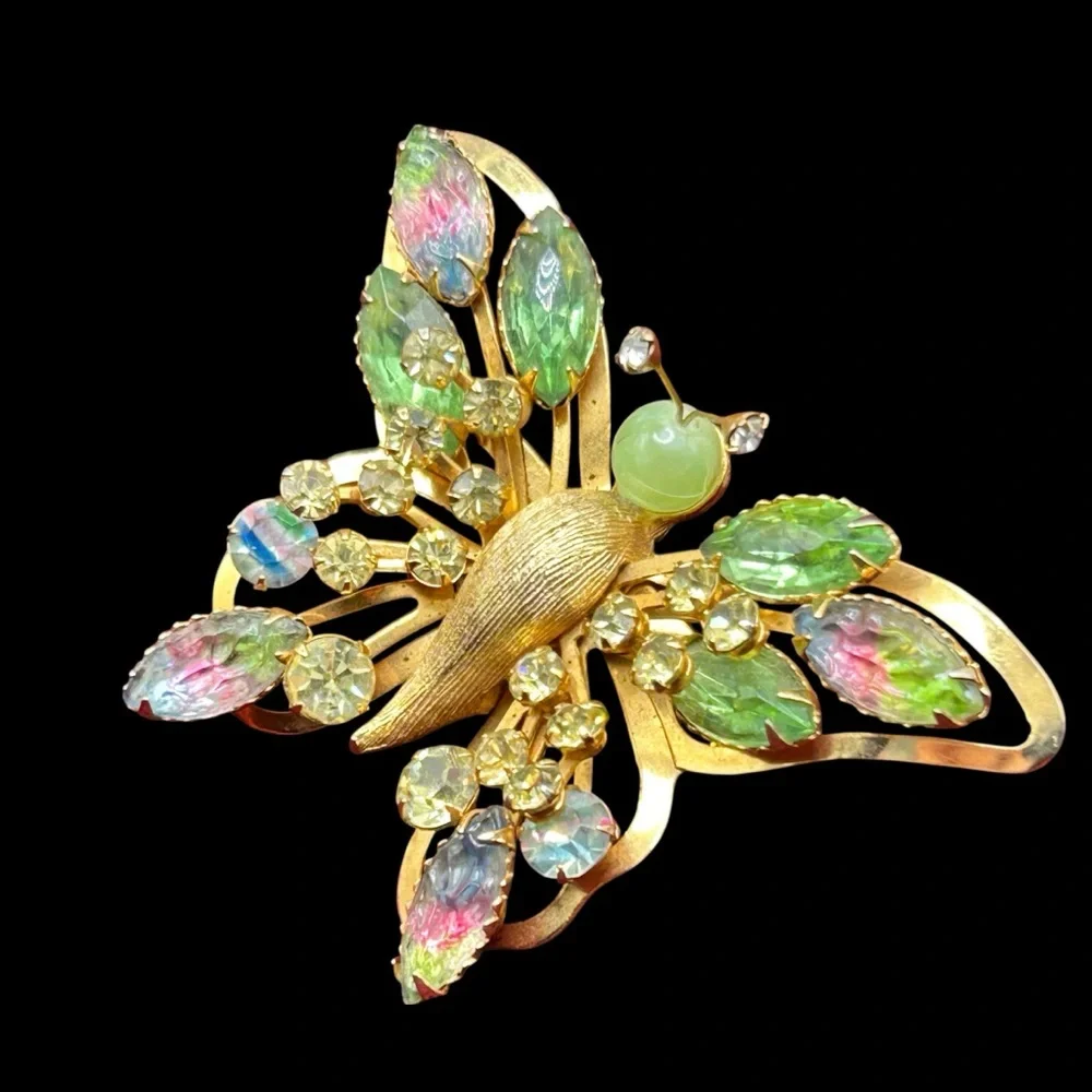 Vintage Selini Molded Iris Glass Rhinestone Butterfly Brooch